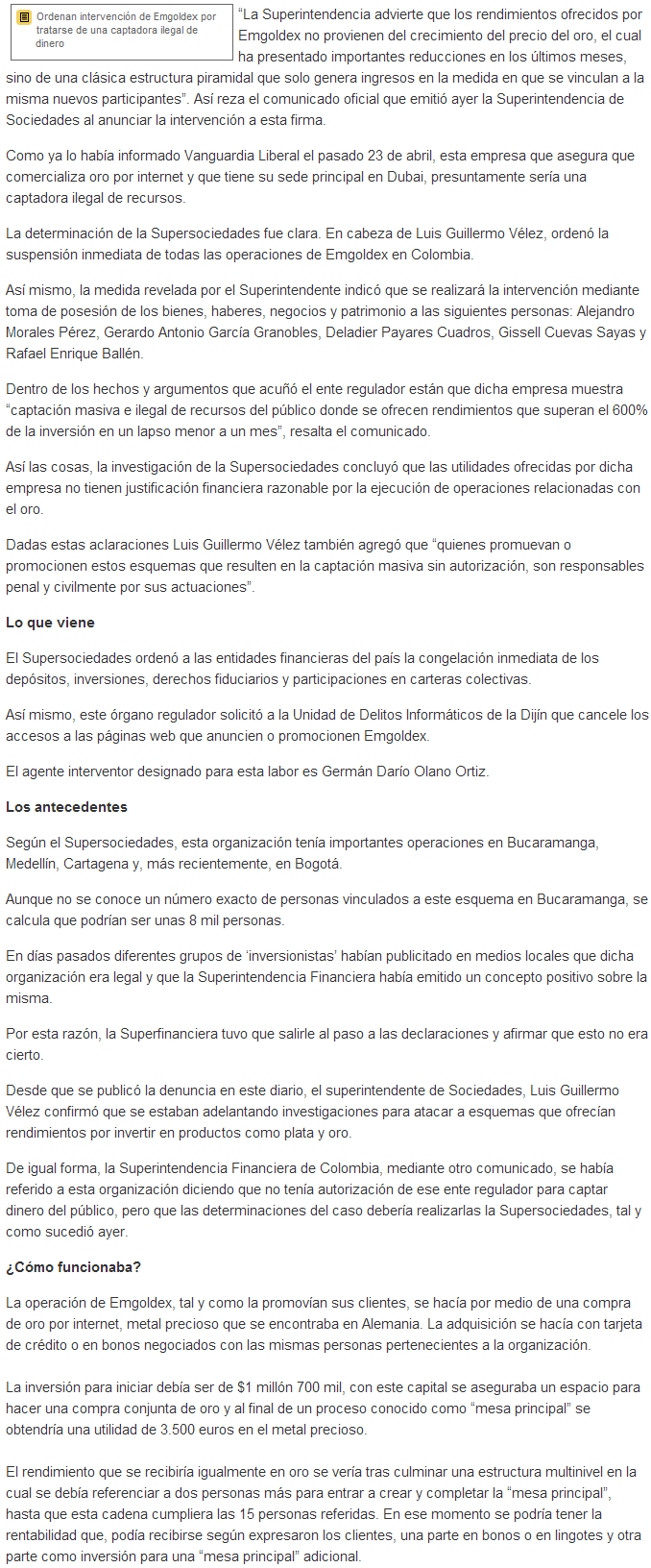Emgoldex es intervenida en Colombia